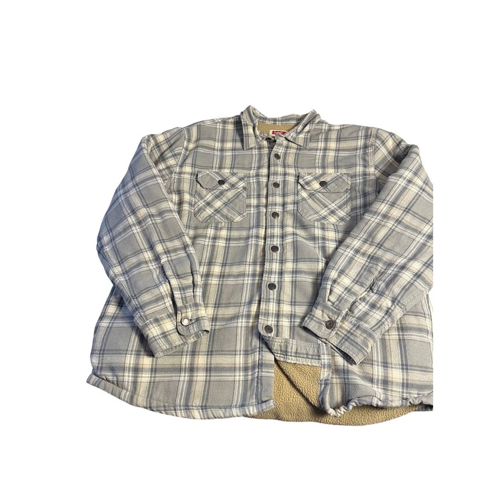 Wrangler Mens XL Plaid Sherpa Lined Flannel Shirt Jacket Beige/Gray pockets